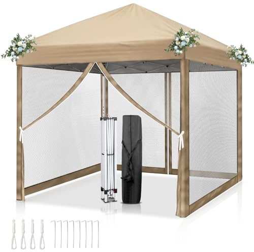 LEADZM Pavillon 3x3 m mit 4 Moskitonetz,Garten Faltpavillon,Khaki | Wasserfestes Material mit UV50-Schutz, höhenverstellbarer stabiler Rahmen,Garten, Terrasse, Camping und gewerbliche Einsätze