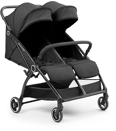 Ickle Bubba Widder Doppel-Kinderwagen (Graphitgrau) – schlanker und leichter 10,5 kg Zwillingskinderwagen, einhändig klappbar, verstellbare Sitze, belüftete Sonnenblenden, Regenschutz im Lieferumfang
