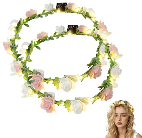 Editbar 2PCS LED Blumenkrone Stirnbänder – Leuchtender Rosen Blumenkranz mit 3 Modi, 12 Blumen & 12 Lampenperlen, Verstellbar, LED Girlande für Frauen, Valentinstag, Strandparty & Hochzeit (Rosa-Weiß)