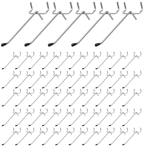 AROMUJOY 55 ganchos para pared perforada, 2,5 cm de distancia entre orificios, 15 cm, gancho simple de metal para exhibición minorista, para colgar mercancías, estantes de supermercado, plateado