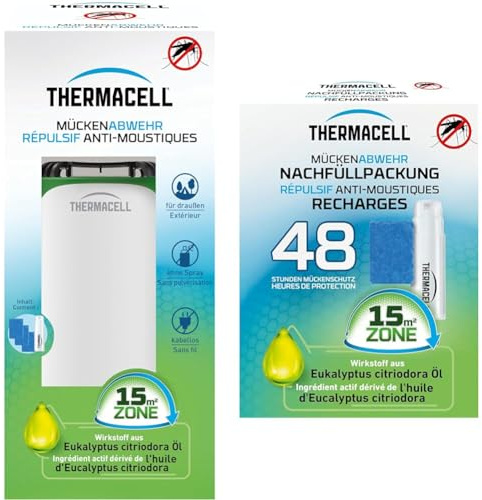 Thermacell Mückenabwehr Protect Mückenschutz Standgerät im modernen Design, für Garten, Terrasse und Camping, weiß-grün, 1 Stück + Thermacell Mückenabwehr Nachfüllpackung Mückenschutz für 48 Stunden
