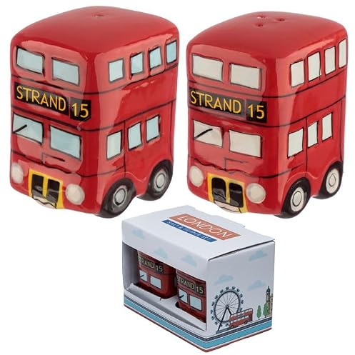 Novelty Ceramic Salt & Pepper Shakers – London Double Decker Bus Cruet Set, Cute Glossy Finish Salt & Pepper Pots for Kitchen Dining Table Décor & British Souvenir Gift (London Double Decker Bus)