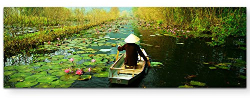 Paul Sinus Art Leinwandbilder | Bilder Leinwand 120x40cm Vietnamesischer Bauer fährt mit seinem Boot auf Fluss