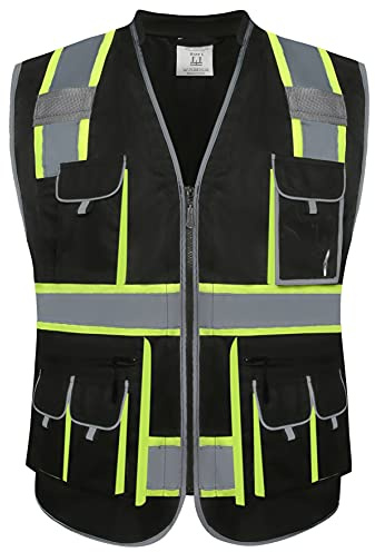 JKSafety 10 Pockets Hi-Vis Zipper Front Black Safety Vest | Cushioned Collar | High Reflective Tapes with Extended Neon Yellow Strips | Meets ANSI/ISEA Standards (X-Large, 89-Black)