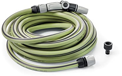 G.F. SRL Tubo RECO, 15 m di Tubo per l'irrigazione Ø 5/8” in PLASTICA Riciclata in Kit (Lancia ergonomica 3 getti, raccordi, Presa Rubinetto). Made in France. Colore Verde Lime