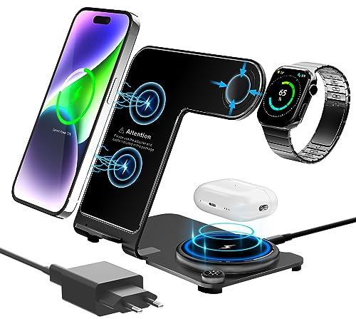 Kabelloses Ladegerät, Aluminium Legierung, 3-in-1 kabellose Ladestation für Apple iPhone/iWatch/Airpods, iPhone 14, 13, 12, 11 (Pro, ProMax)/XS/XS/X/8 (Plus), iWatch8/7/6/SE/5/4/3/2/:AirPods 3/2/Pro