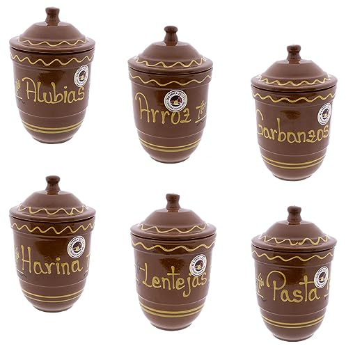 CERÁMICA ESPAÑA | Tarro de cocina | Botes cocina | Tarros para cocina | Recipiente para alimentos | Conjunto x6 Tarros originales - Modelo M07 | 100% Decoración hecho a mano | 13x13x20 cm