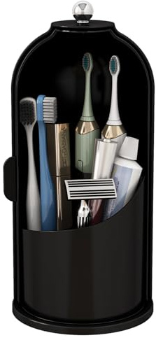 Zufudo Dustproof Toothbrush Holders with Cover, Rotating Electric Toothbrush and Toothpaste Holder for Bathroom Countertop, 3 Slots Makeup Brushes Organizer, Solid Black
