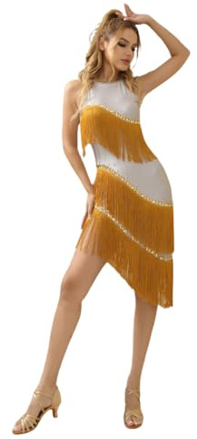 ROYAL SMEELA Abito da Ballo Latino Donna Senza Maniche Con Frange e Strass - Vestito per Rumba, Salsa, Samba, Tango - Adulto