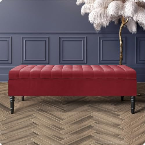 R&M Furnishers Safar Ottoman Storage Bench, Plush Velvet, 3ft (90x40x40) CM, Black Turned Wooden Legs, Claret Velvet