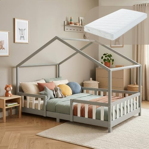 [en.casa] Letto per Cameretta Montessori Letto a Forma di Casetta con Barriera di Protezione per Bambini Struttura in Legno di Pino Materasso a Schiuma Fredda 140x200 cm Grigio Chiaro/Bianco