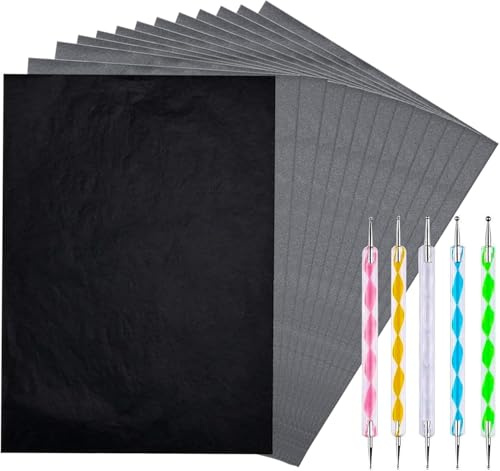 KARELLS 100 Fogli Carta Carbone Nera, Carta Carbone per Disegno, Fogli Carta per Trasferimento in Carbonio, Carta Carbone per Tessuti Tela Legno Ceramica con 5 Pezzi Stilo per Goffratura