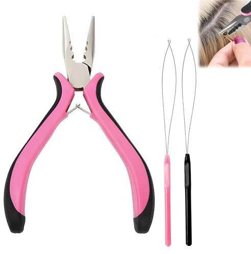 Professional Hair Extensions Kit, Hair Extensions Pliers, 2 Loop Threader | -Hole Hair Pliers, Durable Micro Ring Tools, Ergonomic Design, for Micro and Nano Ring Hair Extensions