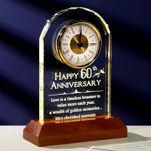 Arikyrist Tischuhr zum 60. Hochzeitstag, Diamant-Geschenke für Eltern, Großeltern, Happy 60 Years of Marriage aus Glas, graviert, Andenken, Tischuhr mit LED-Lichtständer, Hochzeitsgeschenke für Paare