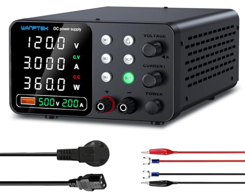 WANPTEK POWER Fuente Alimentacion Regulable, Fuente Laboratorio 120V 3A Ajustable con 3 Memorias y Llave de Bloqueo, Protección OCP/Salidas/Carga Rápida USB con Pantalla