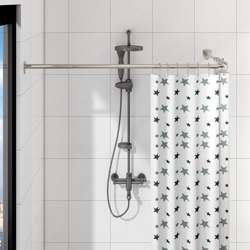 Asta per tenda da doccia a forma di L, regolabile, con 12 anelli e supporto da soffitto per vasca da bagno/bagno, montaggio a fori richiesto (argento, 100-175 cm x 140-214 cm)