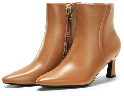Coutgo Womens Ankle Boots Kitten Low Heel Closed Pointed Booties Side Zipper Winter Dress Shoes,Brown,size 10