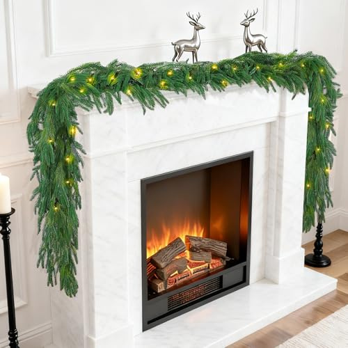 Christmas Garland,Christmas Garland with lights,Artificial Norfolk Pine Garlands, Green Artificial Greenery Garland for Table, Mantle, Wall, Indoor, Outdoor Christmas Decorations