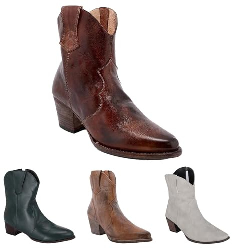 Generiska damer västerländska stövlar med klack cowboystövlar kort skaft spets tår korta stövlar traditionella läderstövlar halvhöga Chelsea stövlar vinter cowboy ankelstövlar tjock sula vida stövlar