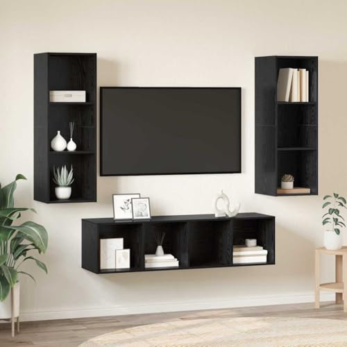 Boltkex Väggmonterat TV-skåpset, 3 delar, svart, ekutseende av trämaterial, 37 x 37 x 142,5 cm, 10 brädhyllor, för vardagsrum, hemmabio, ordning och förvaringsutrymme