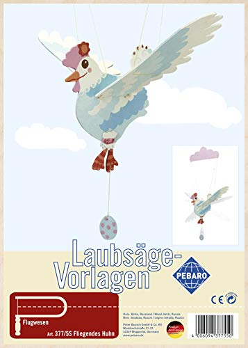 Pebaro 377/5S Laubsägevorlage Mobile Windspiel Fliegendes Huhn, 3mm Sperrholz DIN A 4, Motiv vorgedruckt, aussägen mit Laubsägebogen, basteln, anmalen, fertig, Laubsägen, Holz, Geschenkidee