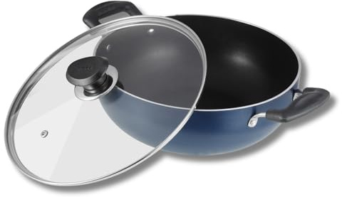 Vinod Zest Non-Stick Deep Kadai with Glass Lid 26cm, 4.1L | Riveted Bakelite Handles | PFOA Free | 3mm Thick Base | Gas Stove Compatible | Blue Finish Easy to Clean | Ideal for Stir-Fries & Curries