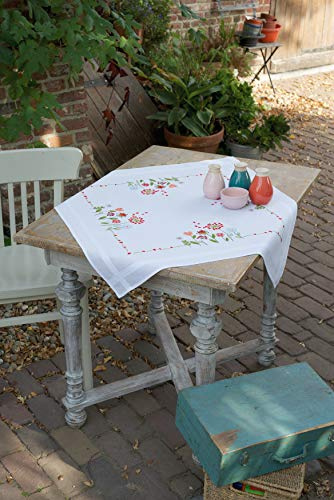 Vervaco Stickpackung Tischdecke Sticken Set Erwachsene Vorgedruckt Blumen Stickdecken Vorgezeichnet Decke Sticken Stickpackung Plattstich 80 x 80 cm Stoff zum Sticken Kreatives Geschenk