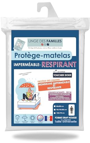 Linge des Familles - Protège Matelas 90x190 cm - Imperméable & Respirant - Alèse Souple & Silencieuse - Bonnet 30 cm Elastiqué - Label Oeko-TEX® Standard 100 - Made in Europe
