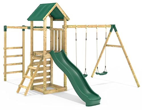 Rebo® Children's Adventure Playset Wooden Climbing Frame with Monkey Bar, Swings and Slide - El Capitan | OutdoorToys | Sturdy Wooden Construction, Pressure Treated Timber