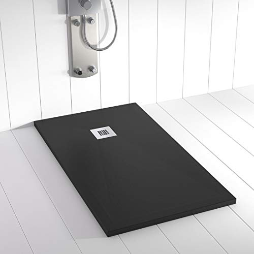 Receveur de douche en résine PLES Noir 110x90 – Texture ardoise – Antidérapant – Grille et siphon inclus