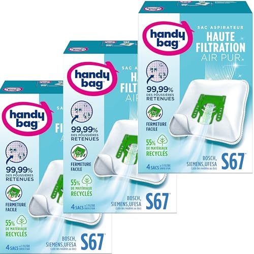 Handy Bag - Sacs aspirateur S67 x4sacs - Compatibles Bosch, Siemens, UFESA - 99,99% des poussières retenues - Fermeture facile - Filtre anti-allergène - 55% de matériaux recyclés - Lot de 3