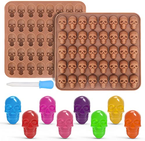 Juome Gummibärchen Totenkopf Silikon Süßigkeiten Formen, 2 Stück Mini Schädel Gummie Schokolade Formen mit Pipette für Halloween Gummibärchen, Süßigkeiten, Gelee, Schokolade
