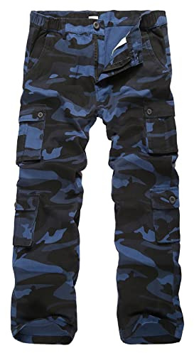 iCKER Herren Cargo Hose Camouflage Hose militär Casual Outdoor Arbeitshose Freizeithose, Camo Blau A1, 34