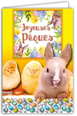 62-1020 Carte Joyeuses Pâques Fête Printemps Lapin Poussins Jaunes Poule œufs peints Animaux Illustration Enfants Jeunesse avec Enveloppe Format 12x17,5cm Papier PEFC 300gr Brillant Fabriqué en France