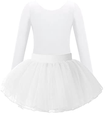 Freebily Kinder Mädchen Ballettanzug Langarm Ballett Body Tüll Tutu Ballettrock Outfits Kinder Tanzanzug Ballettbekleidung Set Gr.92-164 Weiß 134-140/9-10 Jahre