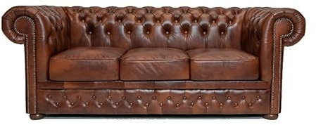 Chesterfield Sofa First Class - The Brand | 3 Sitzer Sofa | 100% Leder, handgefertigt, Original Breite 200 cm | Cloudy Altbraun