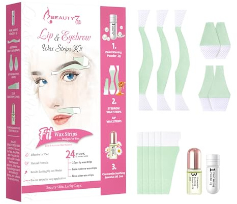 Strisce di Cera Depilatorie Viso, Strisce di Cera per Sopracciglio + Labbra, Capelli Shaper Sopracciglia a Casa, 24 Strisce con Polvere di Perle e Olio Essenziale per Pelle Sensibile Beauty7