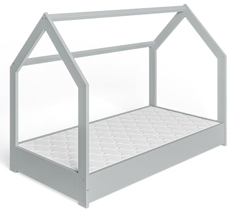 ms factory Hausbett Kinderbett 80x160 cm mit Lattenrost - Einzelbett aus Kiefernholz für Mädchen und Junge - Kinderbett mit Matratze - Grau