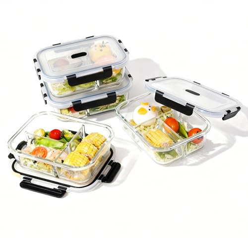 LNWSN Meal Prep Boxen – 4x1040ML Frischhaltedosen Glas Mit Deckel Mit 3-Fach-Trennsystem | BPA-Freie Aufbewahrungsdosen Aus Borosilikatglas | Low Carb Portionierung & Geruchsneutral