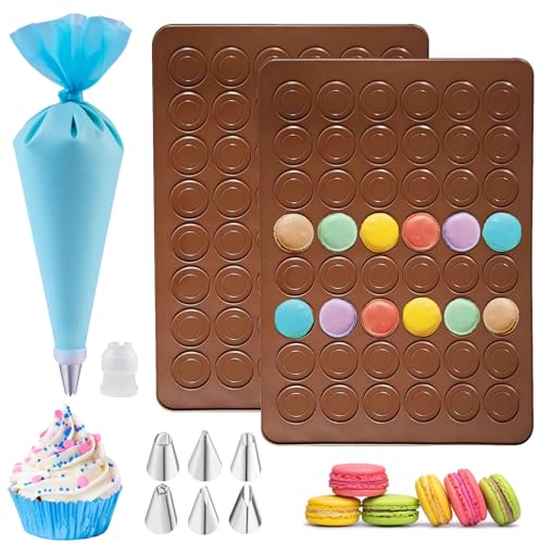 Zasjon 2 Pezzi Stampi in Silicone Macarons con Sac a Poche e 6 Beccucci, 48 Capacità Stampo Antiaderente Stampi per Macarons da Forno Stampo Macarons per Cioccolato, Dolci, Biscotti, 39 x 29cm