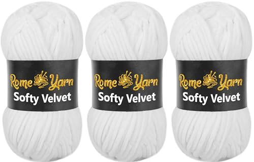 Rome Yarn Softy Velvet Wolle 3 x 100g | Samtgarn Chunky Chenillewolle Babywolle Amigurumi Super Bulky Garn zum Häkeln und Strickwolle (901 Weiß)