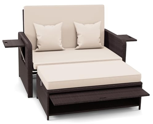 LIFEZEAL Divanetto 2 Posti da Esterno in Rattan, Set Divano Giardino per Esterno con Schienale Regolabile, Tavolo Laterale e Pouf, Salotto da Giardino fino a 360 kg (Marrone e Cachi)