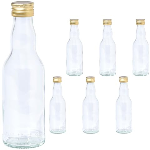 Vitrea 6 leere Glasflaschen 200ml Schraubverschluss Gold - kleine Flaschen zum Befüllen mit Deckel - für Saft, Getränke, Likör, Öl, Saucen, Sirup - 6 Stück, PP28, Kropfhals