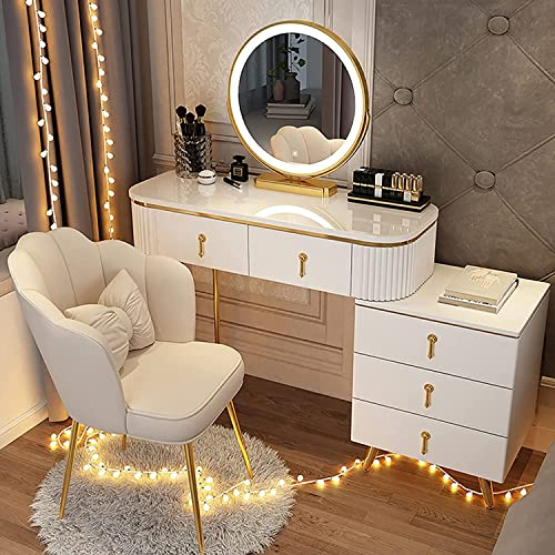 Schminktisch，Frisiertisch mit LED-beleuchtetem Spiegel, gepolstertem Hocker und Beistellschrank, Schminktisch, Kommode, Make-up-Set, goldene Edelstahlbeine (Farbe: Grau-100 cm/39,3 Zoll) (We