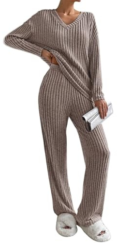 Yutdeng Strickanzug Damen Set Strickpullover und Weite Hose Hausanzug 2-Teilig Langarmshirts V Ausschnitt Freizeitanzug Strick Zweiteiler Elegant Sweat Set Trainingsanzug Loungewear,Khaki,M