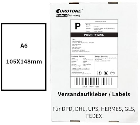 Eurotone Bogenetiketten DIN A6, 105x148mm, 2000 Etiketten, matt weiß, permanent haftend, kompatibel für DHL, DPD, FedEx, GLS, Hermes, UPS und Laser- sowie Tintenstrahldrucker