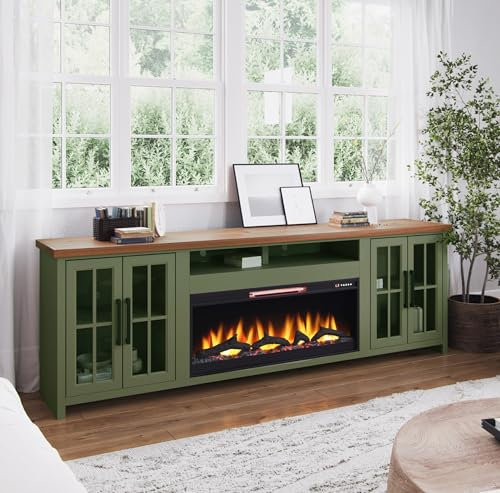 RAABYU Consola de TV con Chimenea de 97 Pulgadas para televisores de hasta 100 Pulgadas, ensamblaje mínimo, Acabado Verde Salvia y Madera de Fruta