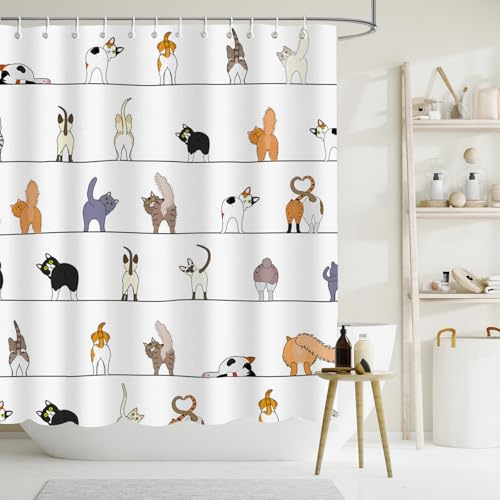 APROPHIC Duschvorhang Lustige Katze 180x180 Duschvorhänge Kinder Cartoon Tiere Wasserdichter Polyester Stoff Badewanne Vorhang Waschbare Badezimmerdekoration mit 12 Haken