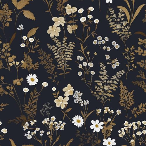 Laatse Dark Floral Wallpaper Peel and Stick 17.5 x 393 Navy Gold Leaf Wallpaper Vinyl Waterproof Self-Adhesive Boho Botanical Wall Paper Navy Blue Decor for Bathroom Bookcase Bedroom Cabinet