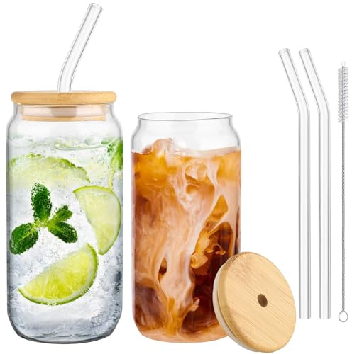 LINXIU Glasbecher in Dosenform, Dosenförmige Glasbecher 500ml Trinkgläser mit Bambusdeckel und Glasstrohhalm Eiskaffee Gläser für Cocktails Whisky Soda 2er Set